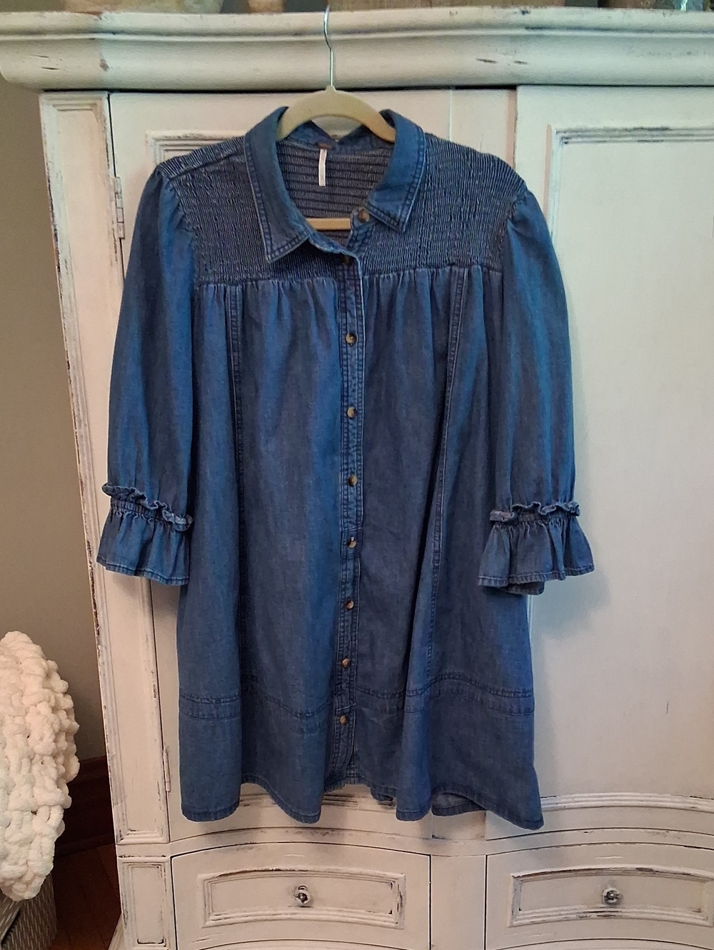 Free People Blue Denim Smocked Yoke Button-Front Tunic Dress